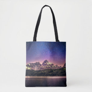 Colorful night sky landscape with starry starry sk tote bag