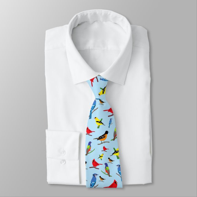 Colorful North American Birds Pattern Tie (Tied)