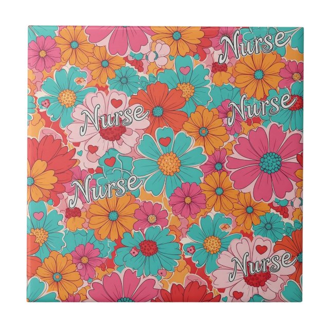 Colorful Nurse Floral Pattern (1) Tile (Front)