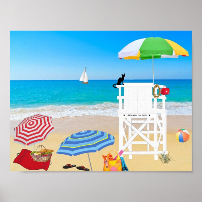 Colorful Ocean Beach Lifeguard Chair Cute Cat Poster (Front)