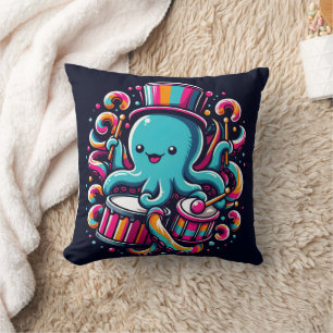Colorful Octopus Playing Drums at Carnival Cushion