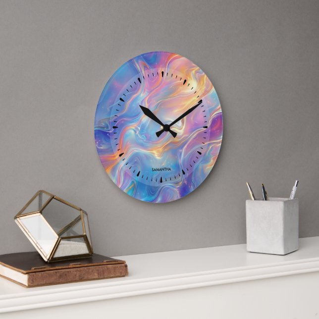 Colorful opal swirly flowing marble texture large clock (Office)