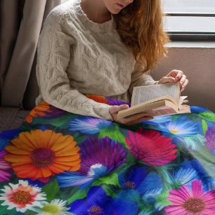 Colorful Orange Blue and Red Flowers Fleece Blanket