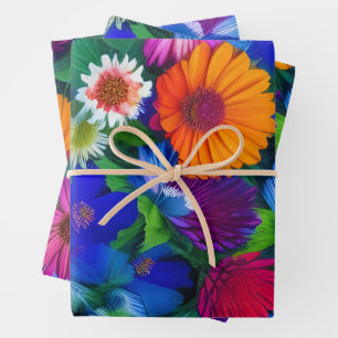 Colorful Orange Blue and Red Flowers Wrapping Paper Sheet