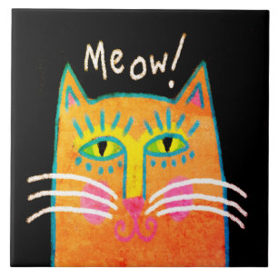 Colorful Orange Cat Abstract Art Tile