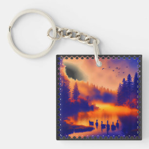 Colorful Orange Sunset With Ducks On A Pond Key Ring