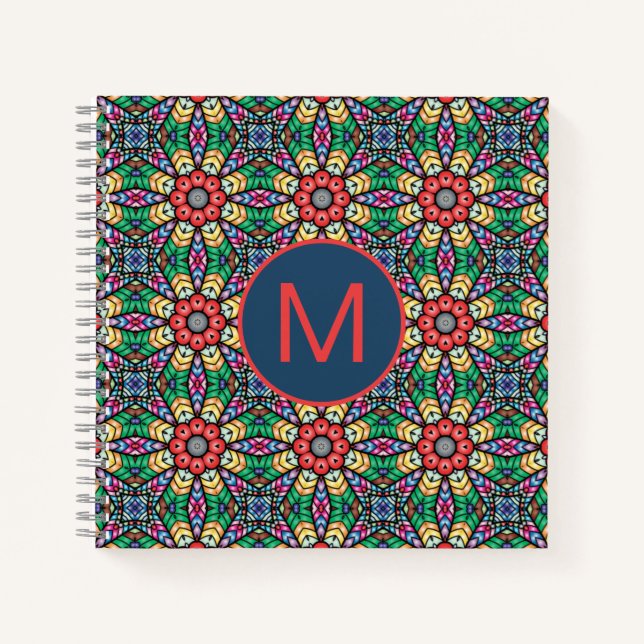 Colorful Ornate Kaleidoscope Pattern Monogram Notebook (Front)