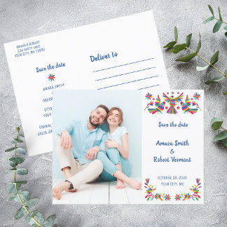 COLORFUL OTOMI MEXICAN SAVE THE DATE POSTCARD