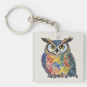Colorful Owl Watercolor Key Ring