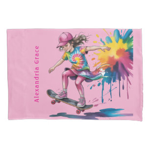 Colorful Painted Girl Skateboarder Birthday Gift Pillowcase