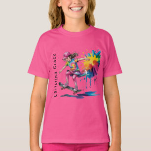 Colorful Painted Girl Skateboarder Birthday Name T-Shirt