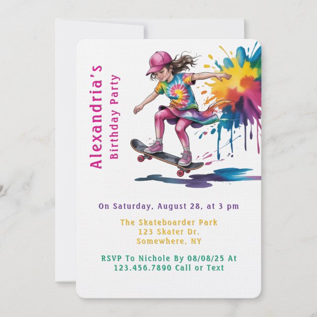 Colorful Painted Girl Skateboarder Birthday Party Invitation (Front)