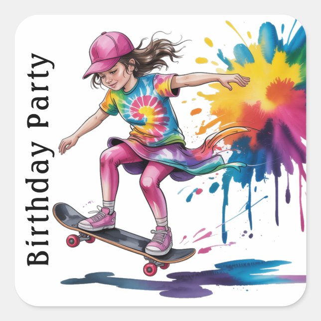 Colorful Painted Girl Skateboarder Birthday Party Square Sticker (Front)