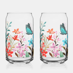 Colorful Painterly Floral Garden Art Can Glass