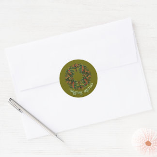 Colorful Paisley Wreath on Green Christmas Card Classic Round Sticker