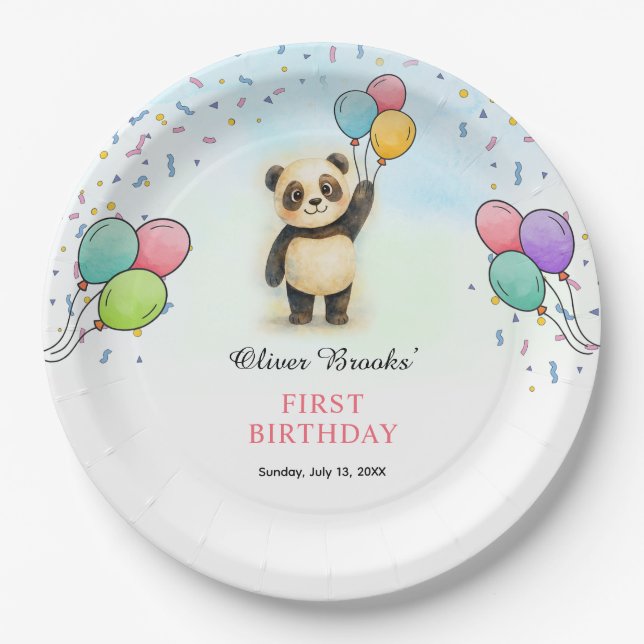 Colorful Panda Theme 1st Birthday Party  Paper Plate (Front)