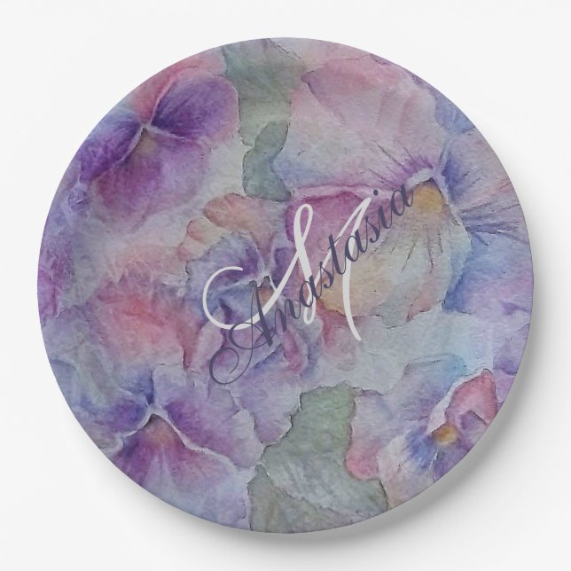 COLORFUL PANSIES GALORE MONOGRAM PARTY PAPER PLATE (Front)