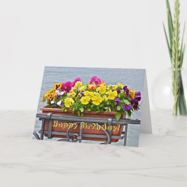 COLORFUL PANSIES IN FLOWER BOX/HAPPY BIRTHDAY!" CARD (Front)