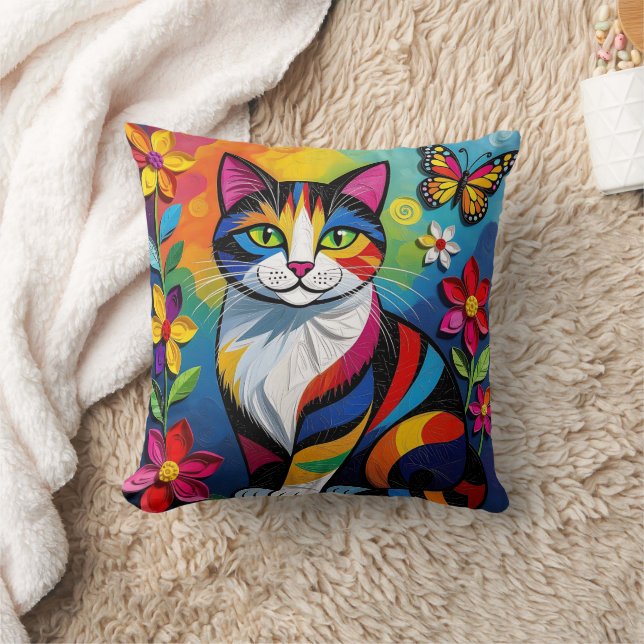 Colorful Paper Cat, Flowers and Butterflies Cushion (Blanket)