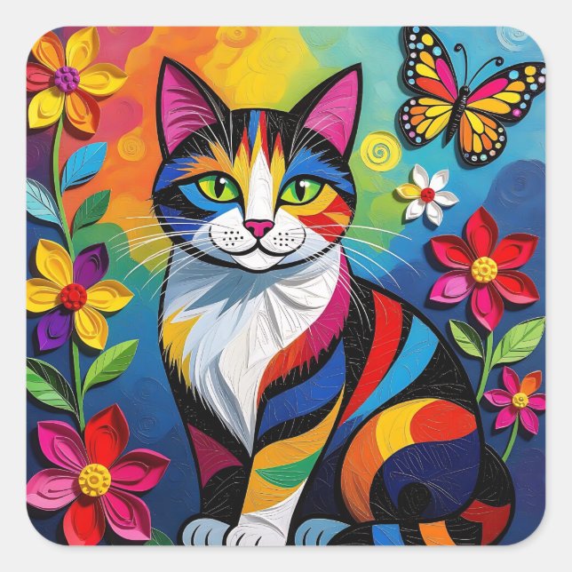 Colorful Paper Cat, Flowers and Butterflies Square Sticker (Front)