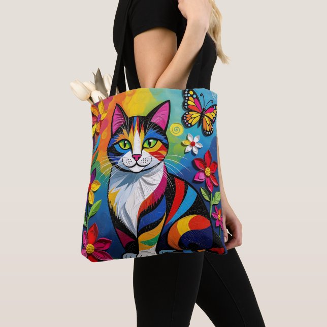 Colorful Paper Cat, Flowers and Butterflies Tote Bag (Close Up)