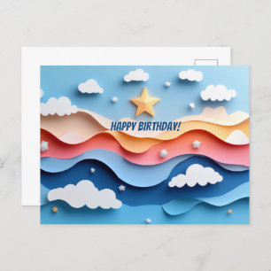 Colorful Papercut Fireworks Birthday Postcard