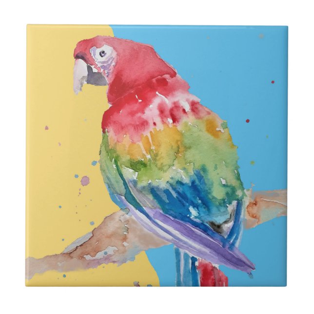 Colorful Parrot Macaw Watercolor Ceramic Tile (Front)