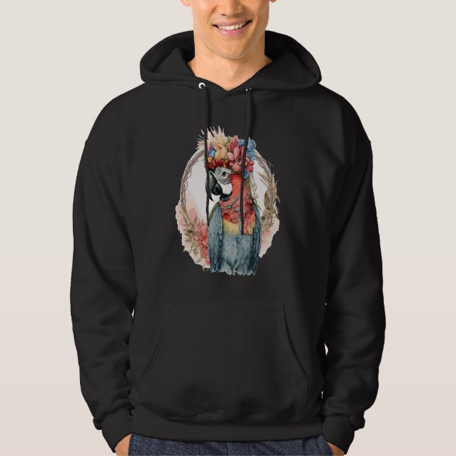 Colorful Parrot Watercolor Macaw Bird Flower Crown Hoodie (Front)