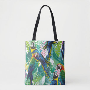 colorful parrots and exotic flowers tote bag