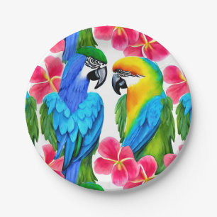 Colorful Parrots with Tropical Flowers  Paper Plate