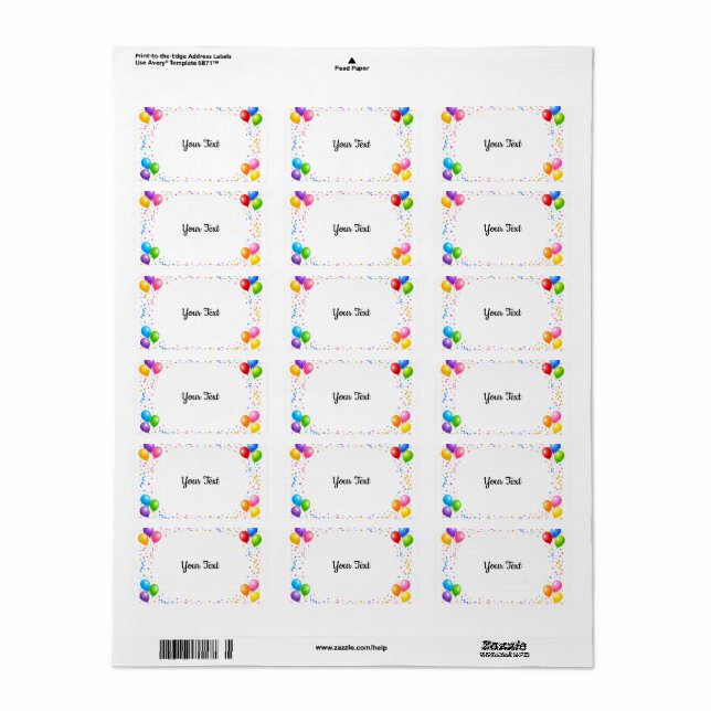 Colorful Party Balloons Confetti Frame Design Label (Full Sheet)