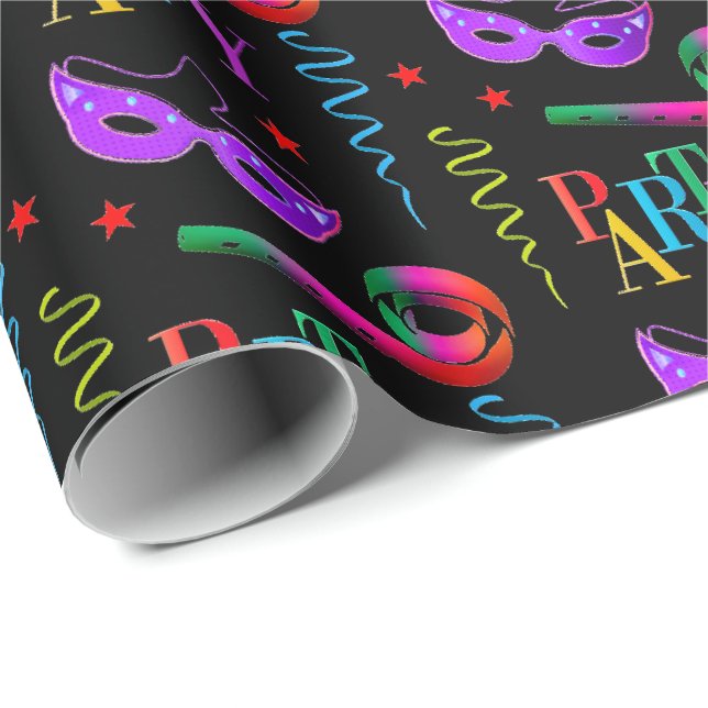 Colorful Party Masks Celebration Collage Black Wrapping Paper (Roll Corner)