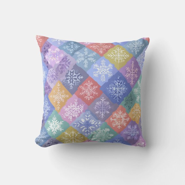 Colorful Pastel Patchwork Snowflake Throw Pillow (Front)