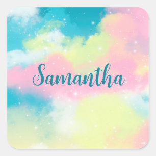 Colorful pastel retro rainbow dreamy clouds square sticker