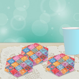 Colorful Patchwork Print Monogram Paper Coaster