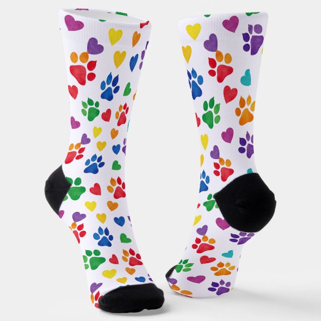 Colorful Paw Prints and Hearts Crew Socks (Angled)
