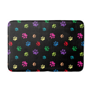 Colorful Paw Prints Pattern on Black Bath Mat
