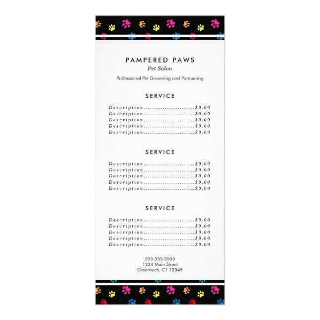 Colorful Paw Prints Professional Pet Salon Service Rack Card (Front)
