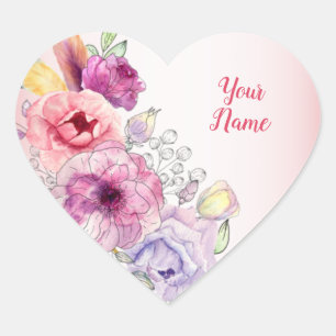 Colorful Peach Floral Golden Watercolor Wedding Heart Sticker