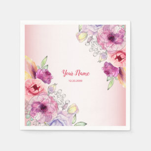 Colorful Peach Floral Golden Watercolor Wedding Napkin