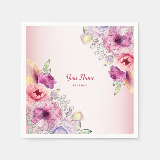 Colorful Peach Floral Golden Watercolor Wedding Napkin (Front)