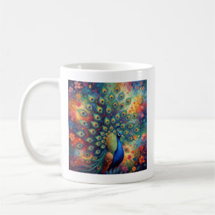 Colorful Peacock Feathers and Flowers Coffee Mug