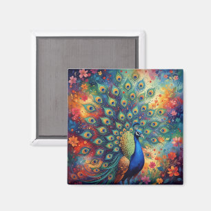 Colorful Peacock Feathers and Flowers Magnet