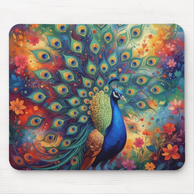 Colorful Peacock Feathers and Flowers Mouse Mat (Front)