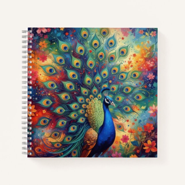 Colorful Peacock Feathers and Flowers Notebook (Front)