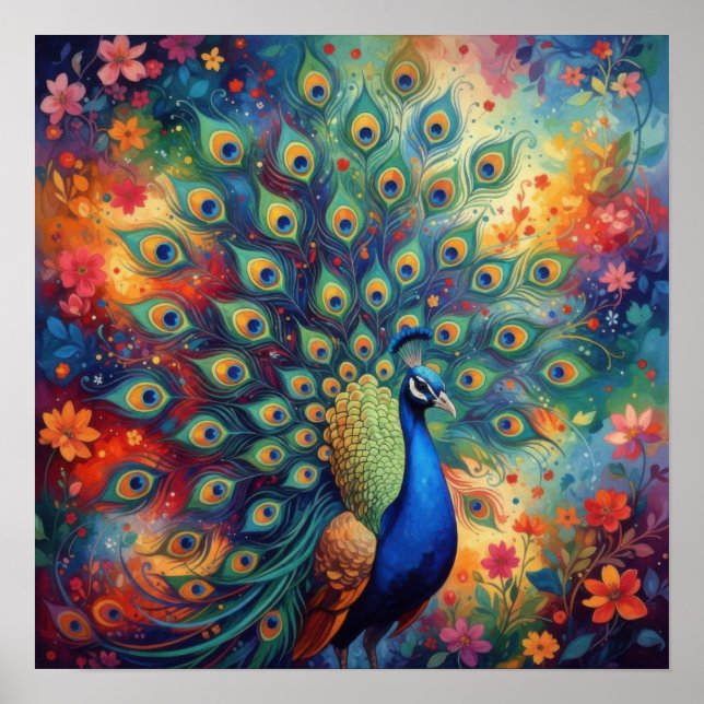 Colorful Peacock Feathers and Flowers Poster (Front)