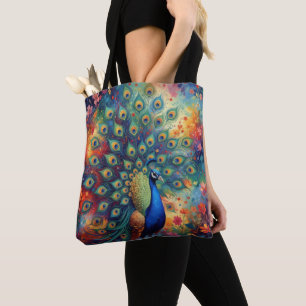 Colorful Peacock Feathers and Flowers Tote Bag