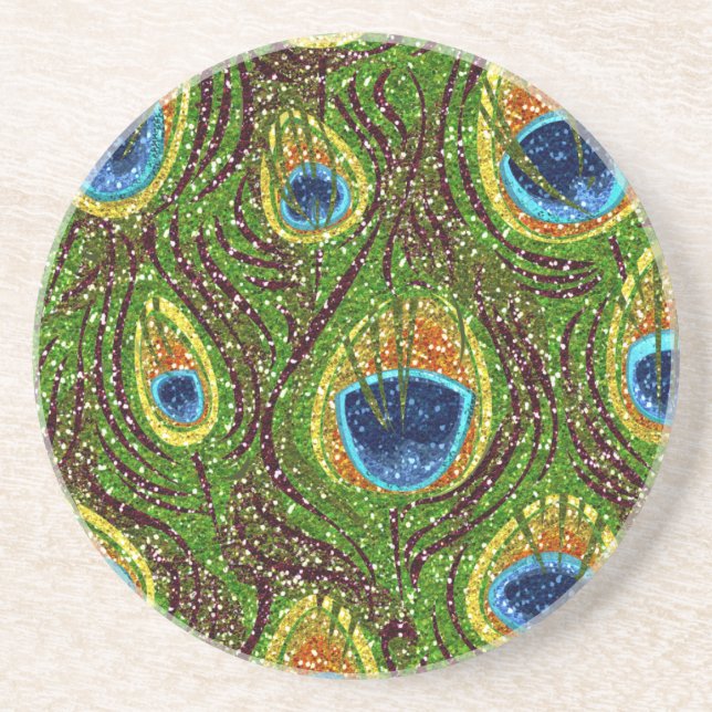 Colorful Peacock Feathers Print Coaster (Front)