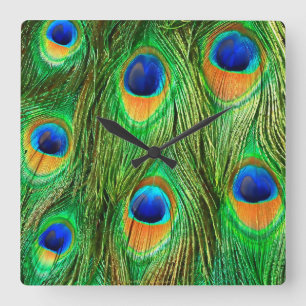 Colorful Peacock Feathers Print Square Wall Clock