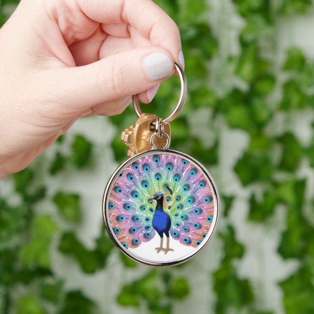 Colorful Peacock Illustration with Elegant Feather Key Ring (Hand)